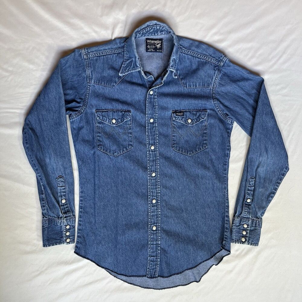 Wrangler Mens Western Denim Shirt M 15-33 Blue Pearl Snap Made in USA 70127MW